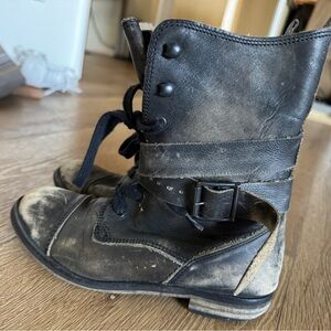 Genuine Leather Black Weathered Buckle Boots